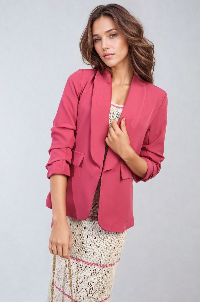 Ruched Sleeve Open Front Blazer Jacket with Front Pockets-4