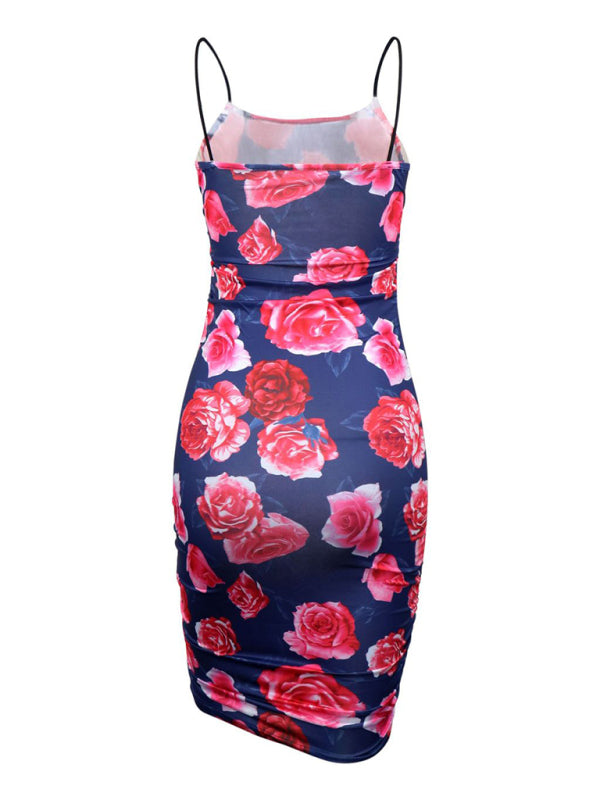 Women's shattered printing wrinkle sexy bag hip camisole dress