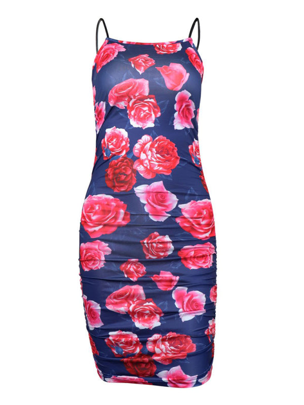 Women's shattered printing wrinkle sexy bag hip camisole dress