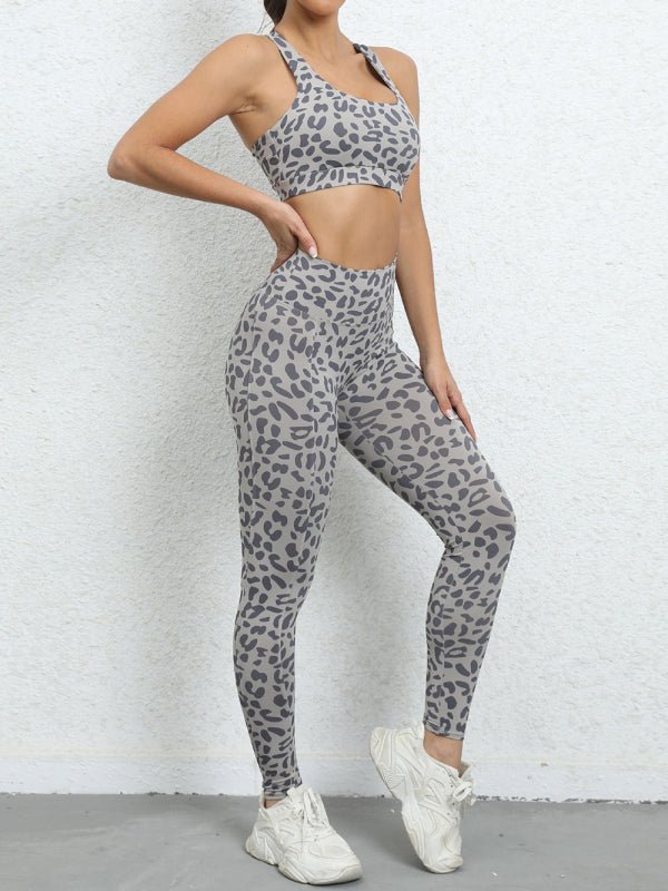 Women's Leopard Print Balance Compression Racerback Crop Top And High-waist Pants