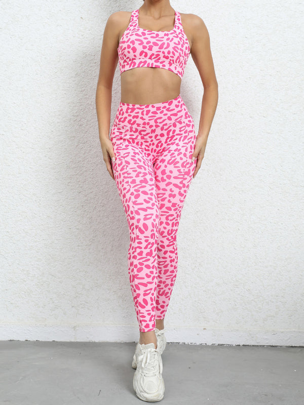 Women's Leopard Print Balance Compression Racerback Crop Top And High-waist Pants