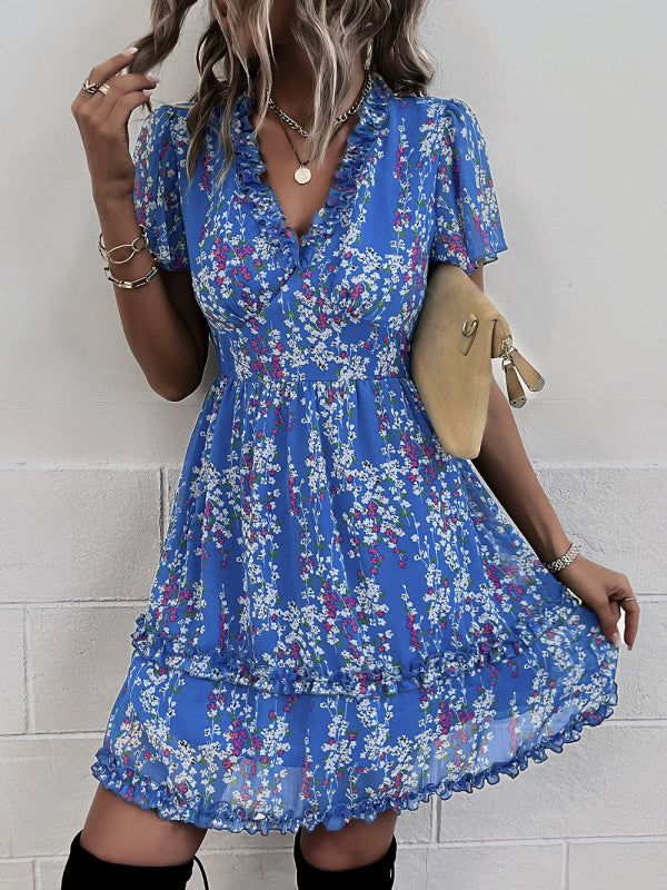 Women's Floral Print Flutter Sleeve Faux Wrap Mini Dress