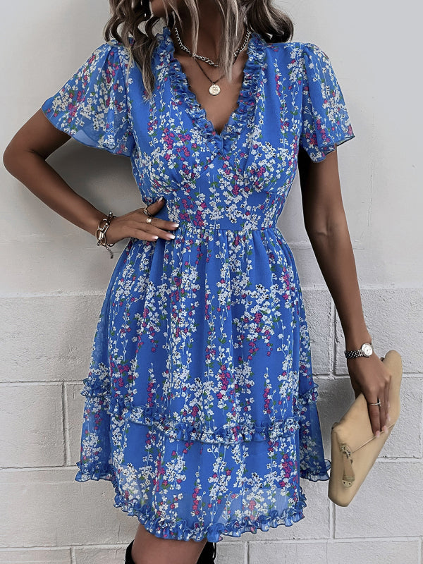 Women's Floral Print Flutter Sleeve Faux Wrap Mini Dress