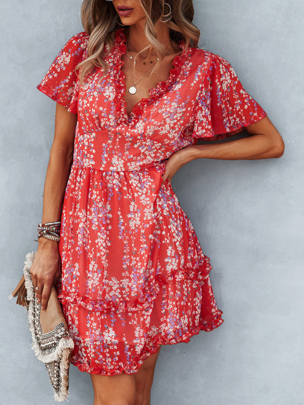 Women's Floral Print Flutter Sleeve Faux Wrap Mini Dress