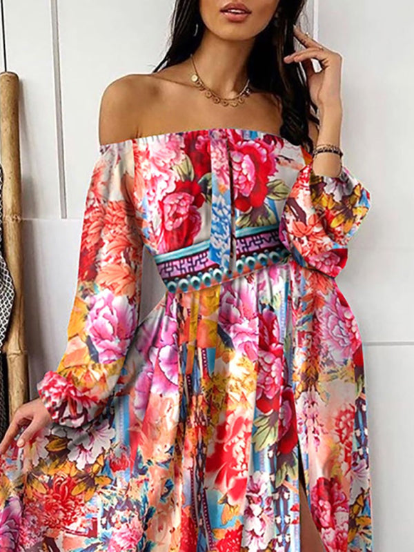 Women's Floral Print The Shoulder Long Sleeve Maxi Dress