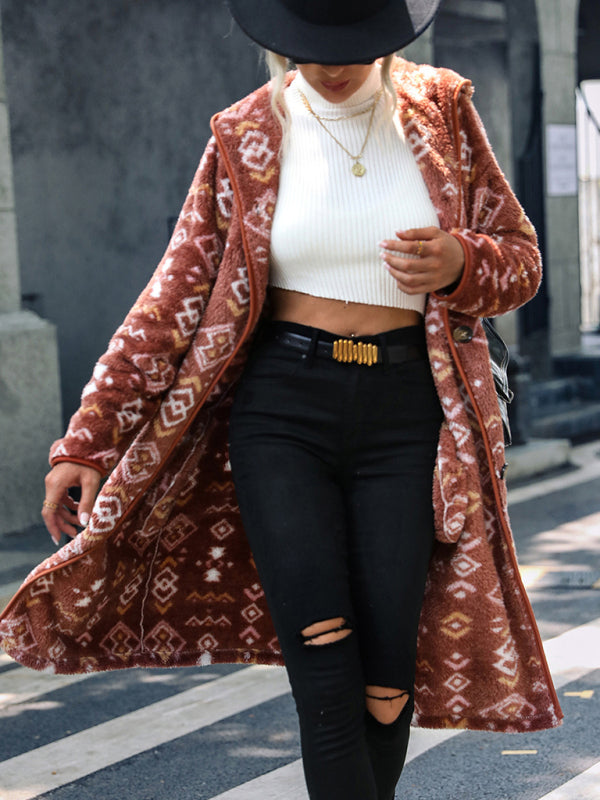 New women's hooded long-sleeved geometric print single-breasted extra-long regular plush jacket
