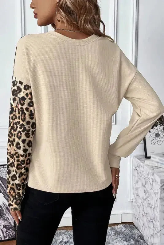 Pale Khaki Leopard Color-block Waffle Knit Top