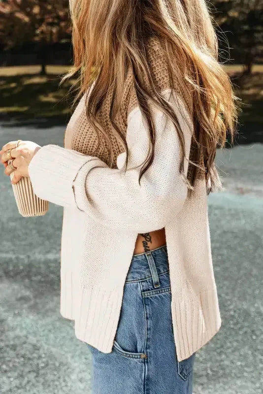 Parchment Cable Knit Color Block Side Splits High Neck Sweater-2