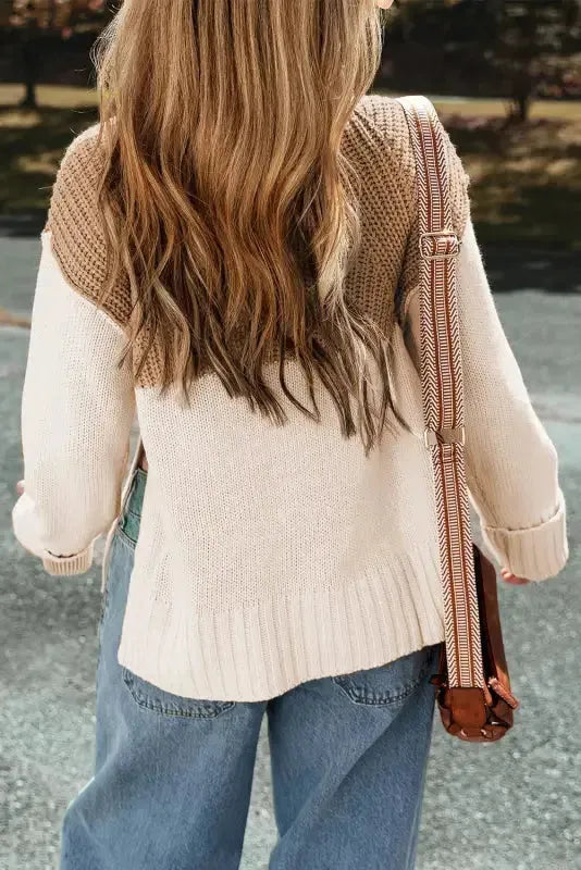 Parchment Cable Knit Color Block Side Splits High Neck Sweater-1