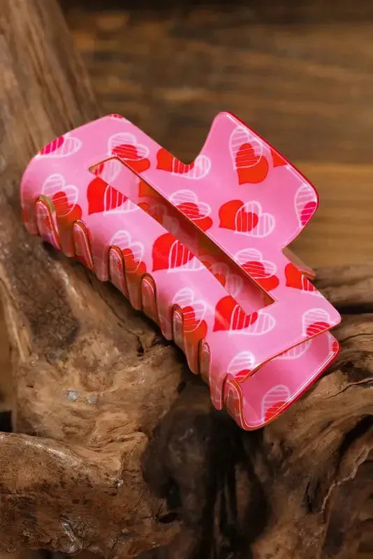 Pink Double Heart Printed Valentines Fashion Hair Claw-2