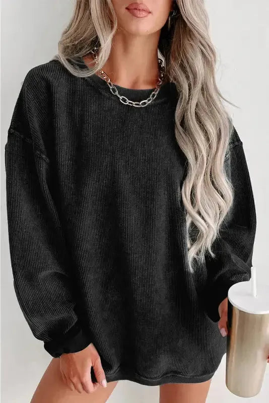 Ribbed Knit Round Neck Pullover Sweatshirt-4