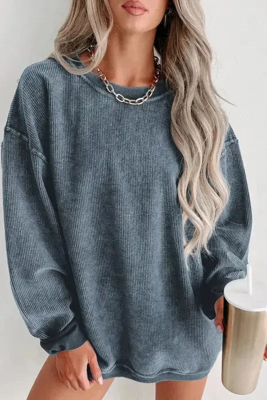 Ribbed Knit Round Neck Pullover Sweatshirt-5