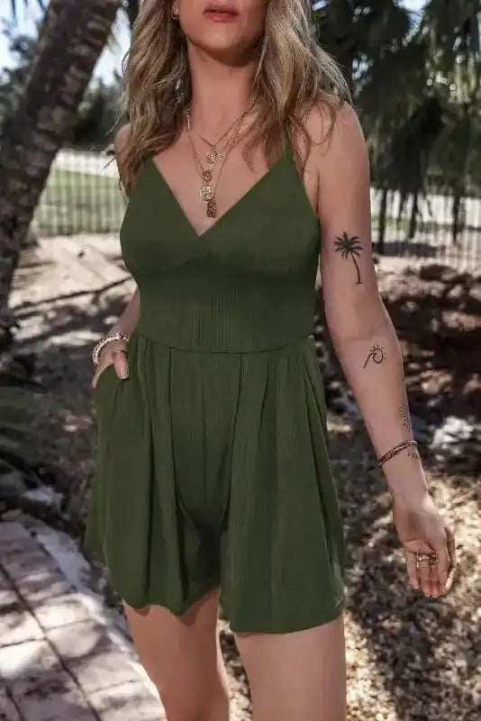 Ribbed Romper - Moss Green Spaghetti Straps-2
