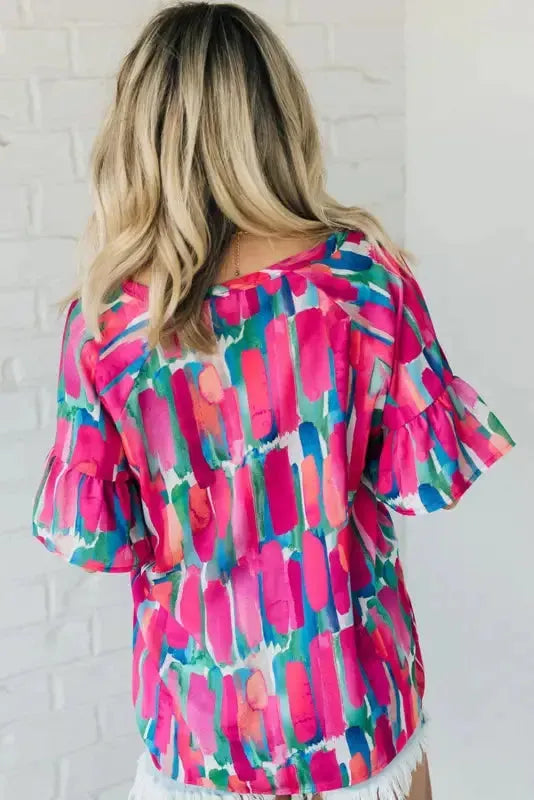 Rose Abstract Brushwork Print Blouse-1