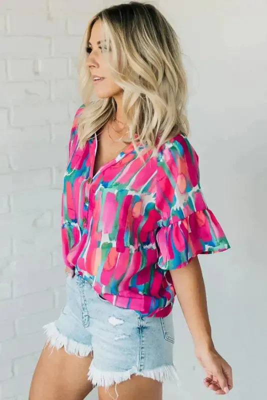 Rose Abstract Brushwork Print Blouse-2