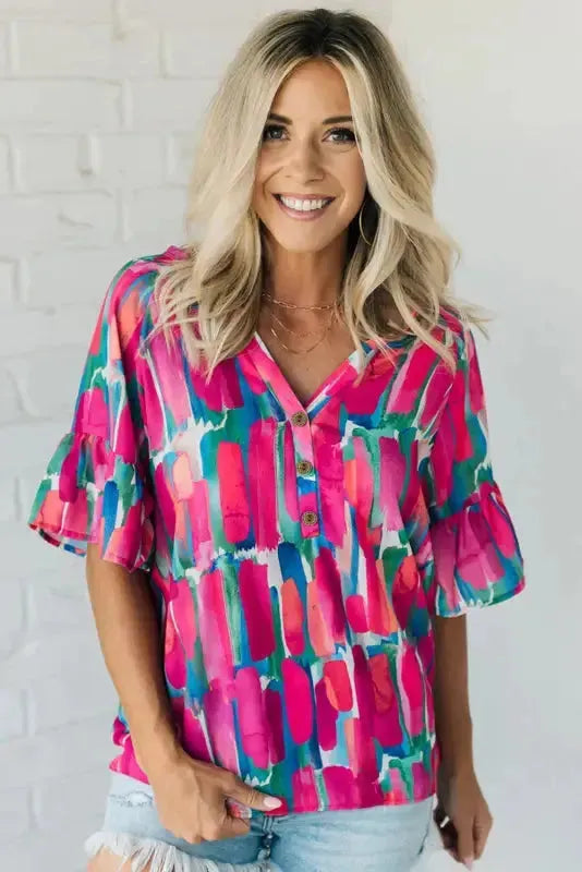 Rose Abstract Brushwork Print Blouse-3