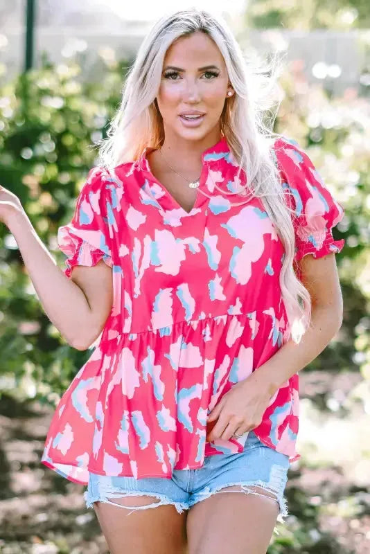 Rose Smocked Puff Sleeve V-Neck Blouse-4
