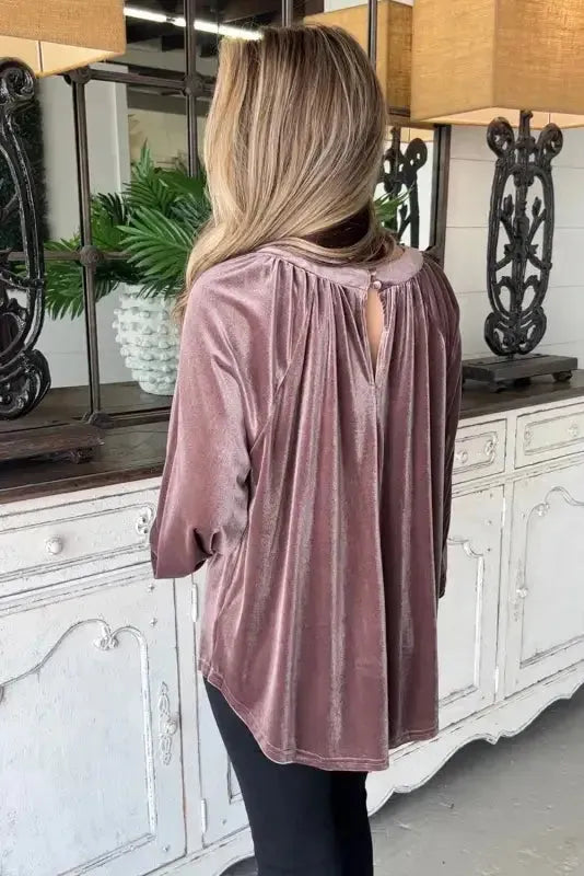 Rose Tan Button Keyhole Back Velvet Swing Top-1