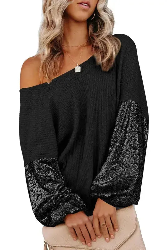 Sequin Sleeve Open Back Waffle Knit Top - Black-4