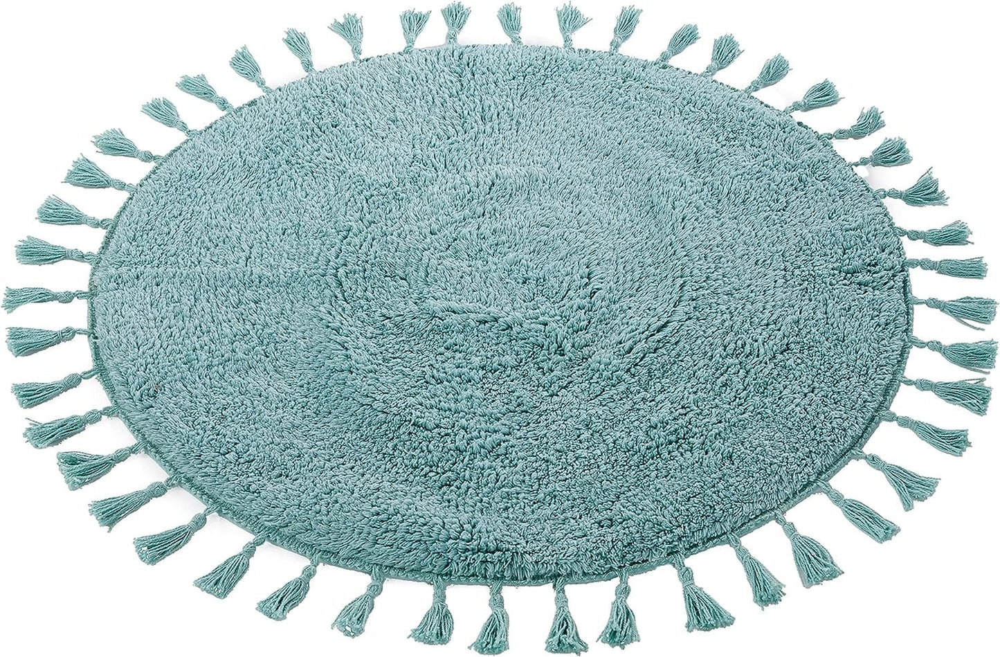Super Soft Absorbent Non-Slip Round Tasselled Bath Mat 100% Cotton Bathroom Rug in Duck Egg Grey Natural and White by OLIVIA ROCCO