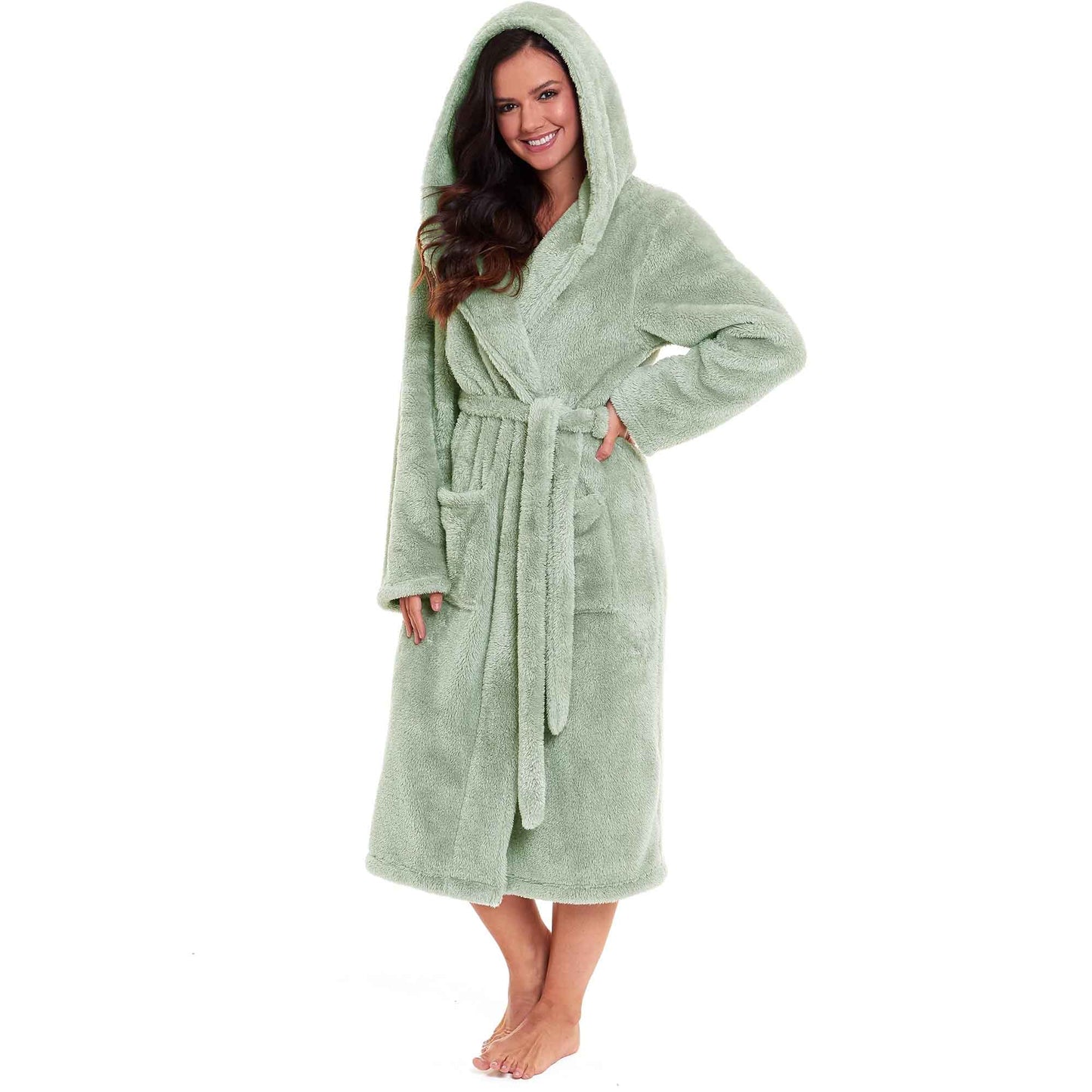 Ultra-Soft Sage Green Fleece Womens Extra-Long Velvet Bathrobe Cozy Loungewear Perfect for Cold Mornings and Evenings by Daisy Dreamer