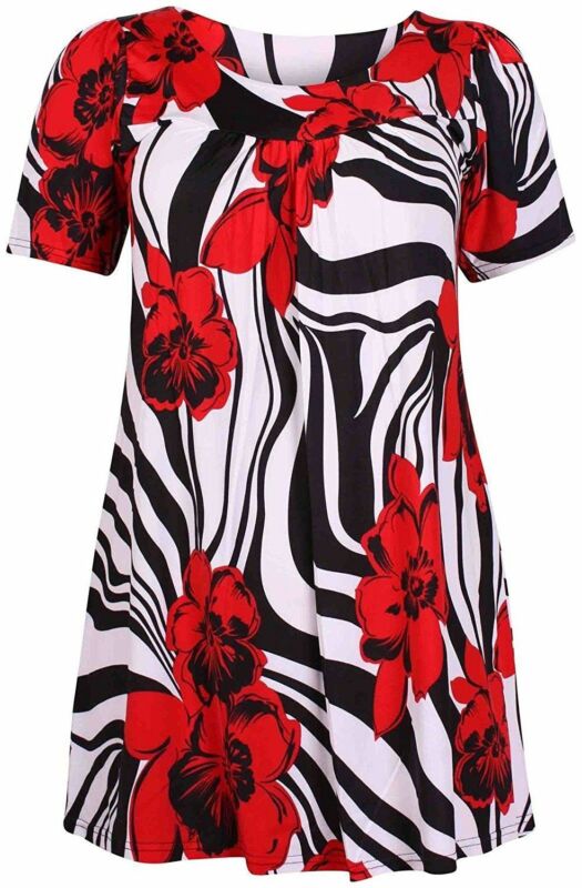 Smock Tunic Top Women Ladies Plus Size Short Sleeves Scoop Neckline Floral Print