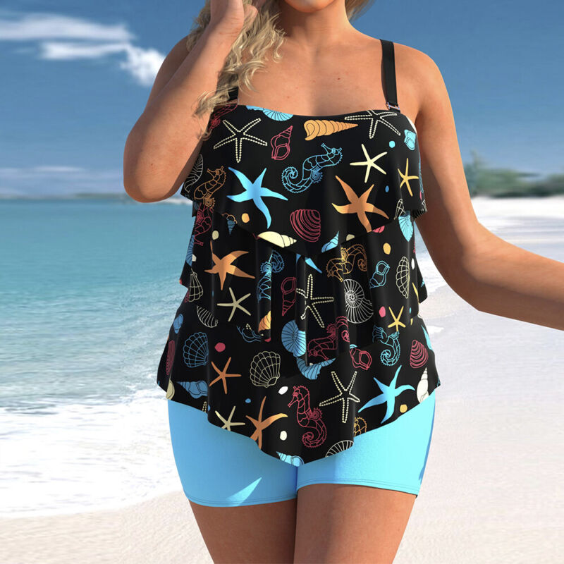 Plus Size Womens Ruffle Tankini Shorts Set Swimming Costume Swimsuit Swim Dress