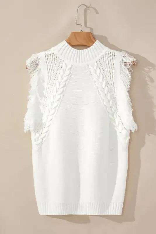 White Woven Tasseled Sleeveless Mock Neck Sweater Vest-1