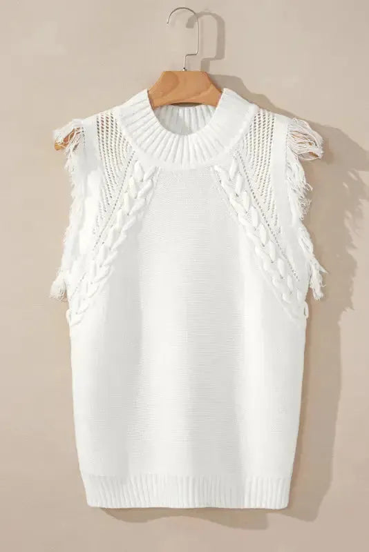 White Woven Tasseled Sleeveless Mock Neck Sweater Vest-0