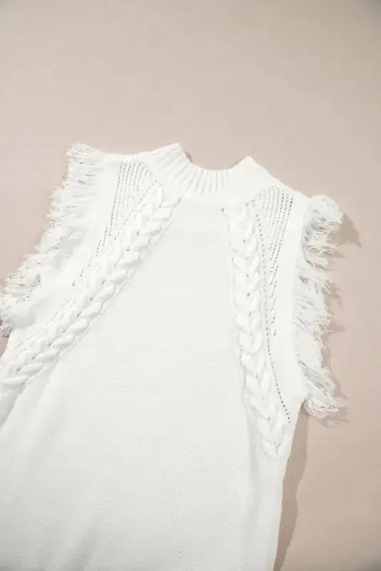 White Woven Tasseled Sleeveless Mock Neck Sweater Vest-4