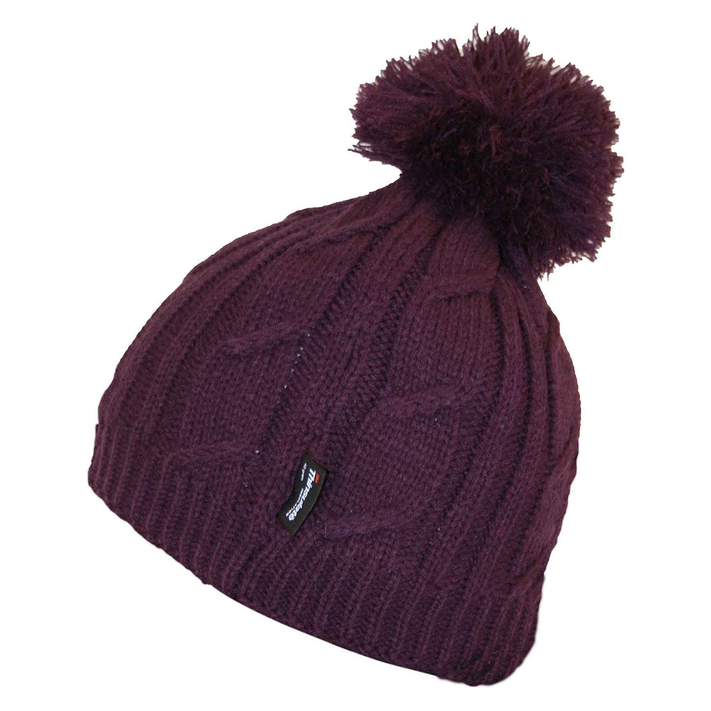 Women's Chunky Cable Knit Beanie Hat with 3M Thinsulate Insulation and Pom Pom Waterproof Winter Hat in Black Purple Cream and Navy by Sock Stack