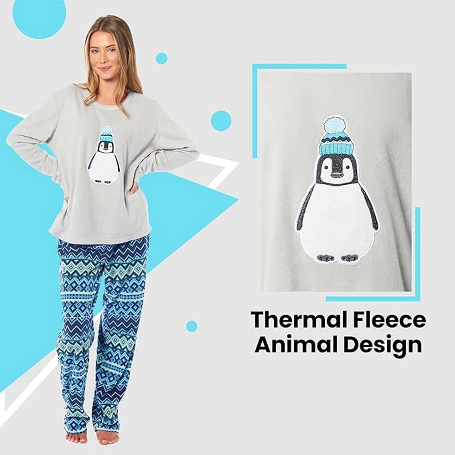Women's Penguin Thermal Fleece Pyjamas Set Soft Warm Winter PJs Animal Print Loungewear Sleepwear Long Sleeve Top and Bottom by Daisy Dreamer