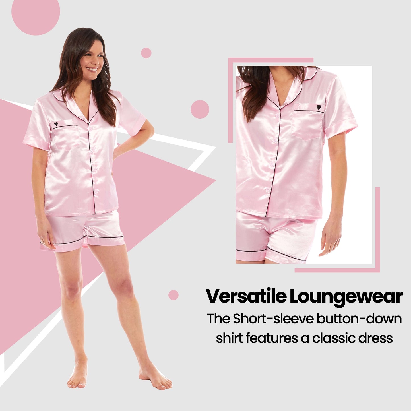 Women's Satin Silk Short Pyjama Set Soft Breathable Nightwear Loungewear PJs Black Pink Grey UK Sizes 8-22 by Daisy Dreamer