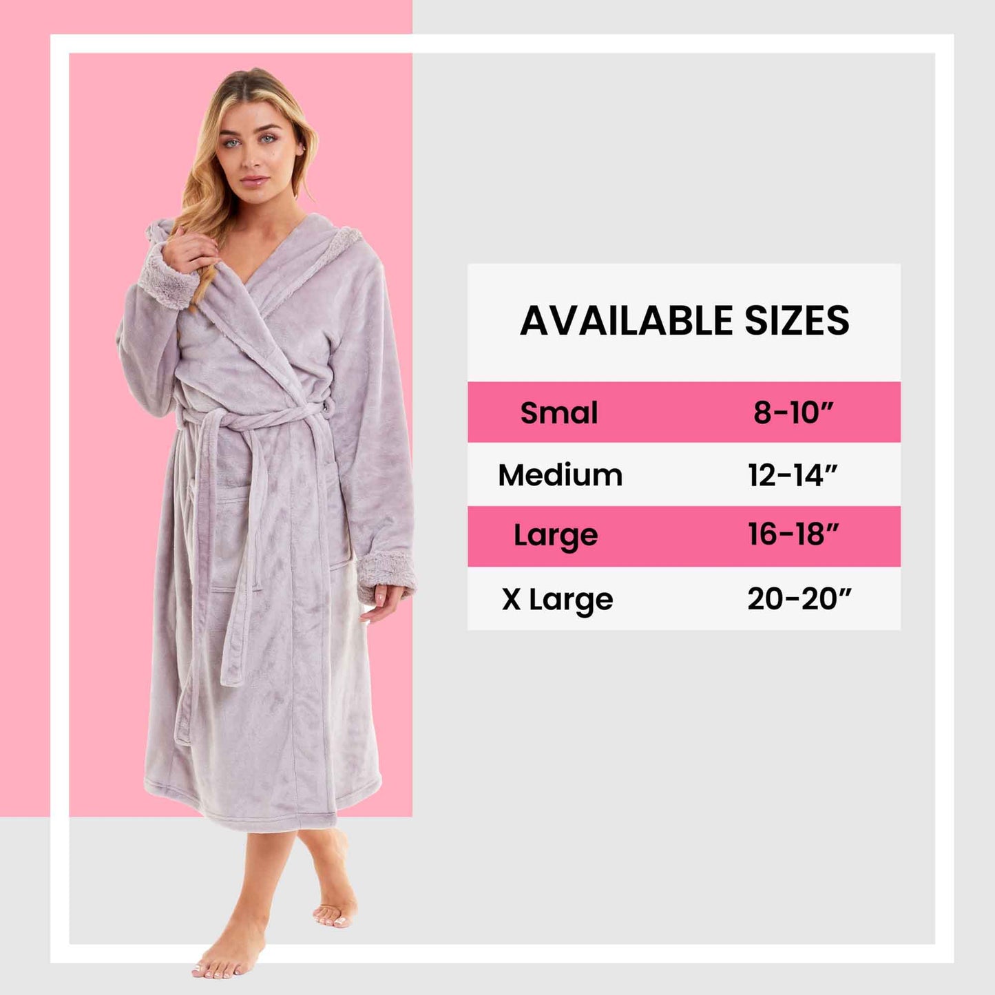 Women's Super Soft Plush Fleece Faux Fur Hooded Robe Luxurious Loungewear Bathrobe for Spa Hotel Home Pink Grey Sizes S-XL by Daisy Dreamer