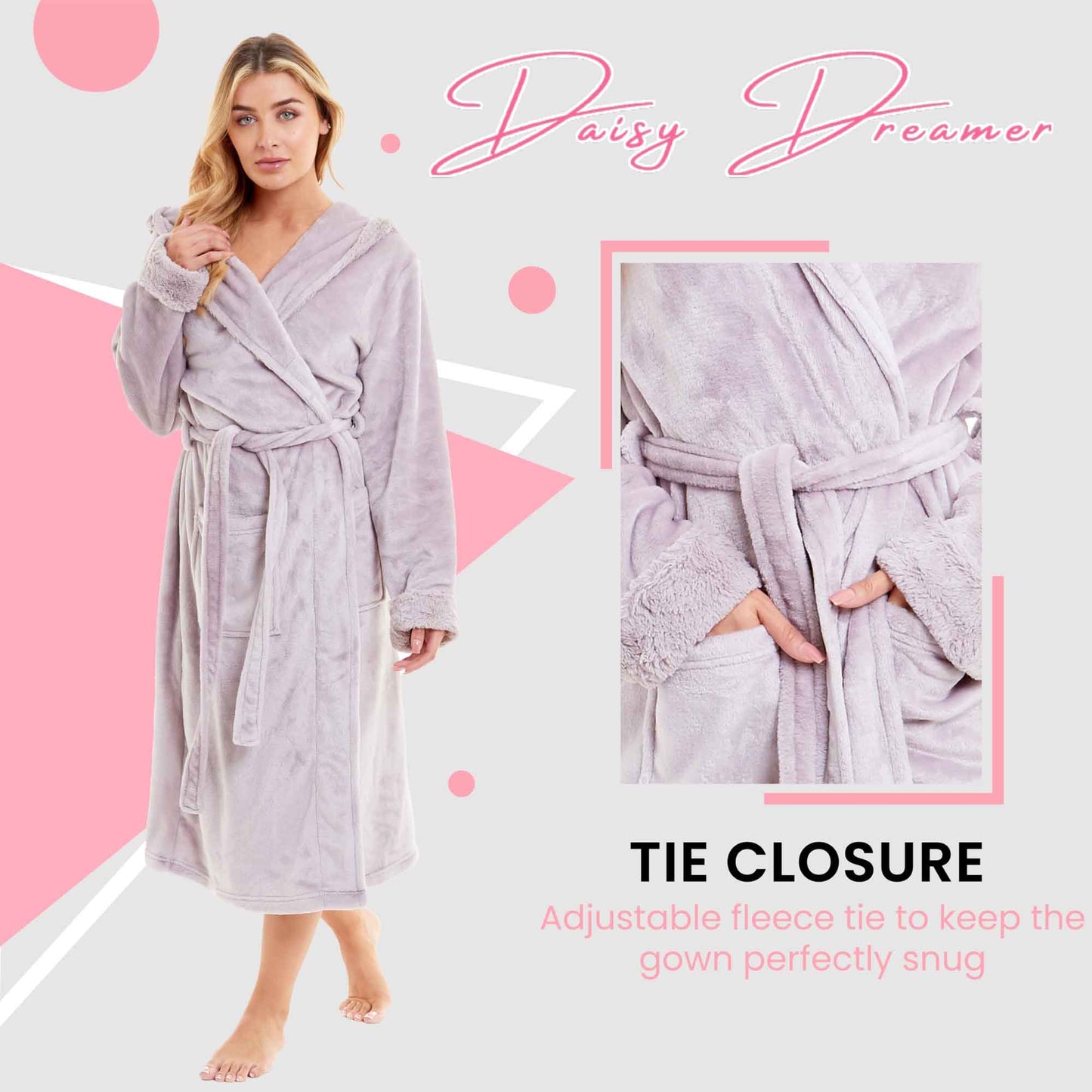 Women's Super Soft Plush Fleece Faux Fur Hooded Robe Luxurious Loungewear Bathrobe for Spa Hotel Home Pink Grey Sizes S-XL by Daisy Dreamer