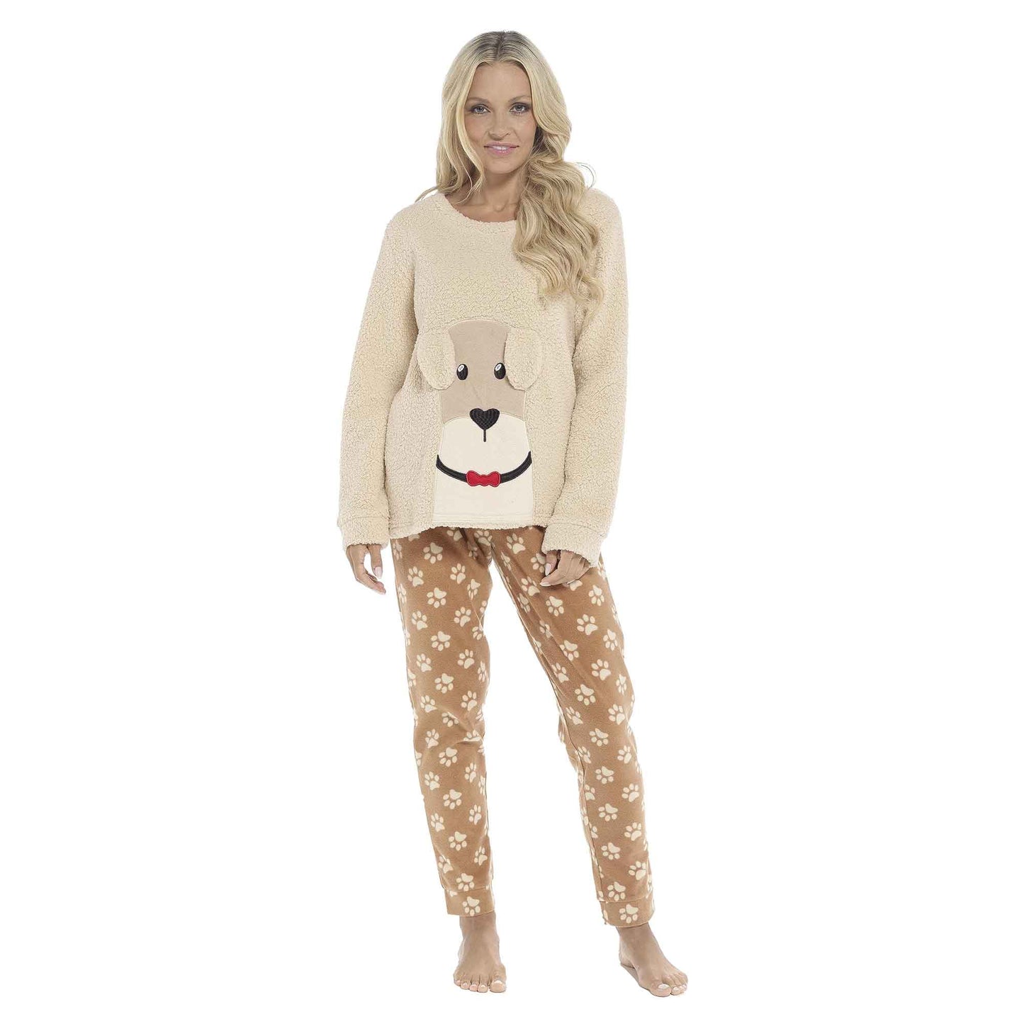 Women's Ultra-Soft Fleece Dog Snuggle Pyjama Set with Elasticated Patterned Pants Cozy Long Sleeve Top Winter Loungewear Sleepwear UK Sizes 8-22 by Daisy Dreamer