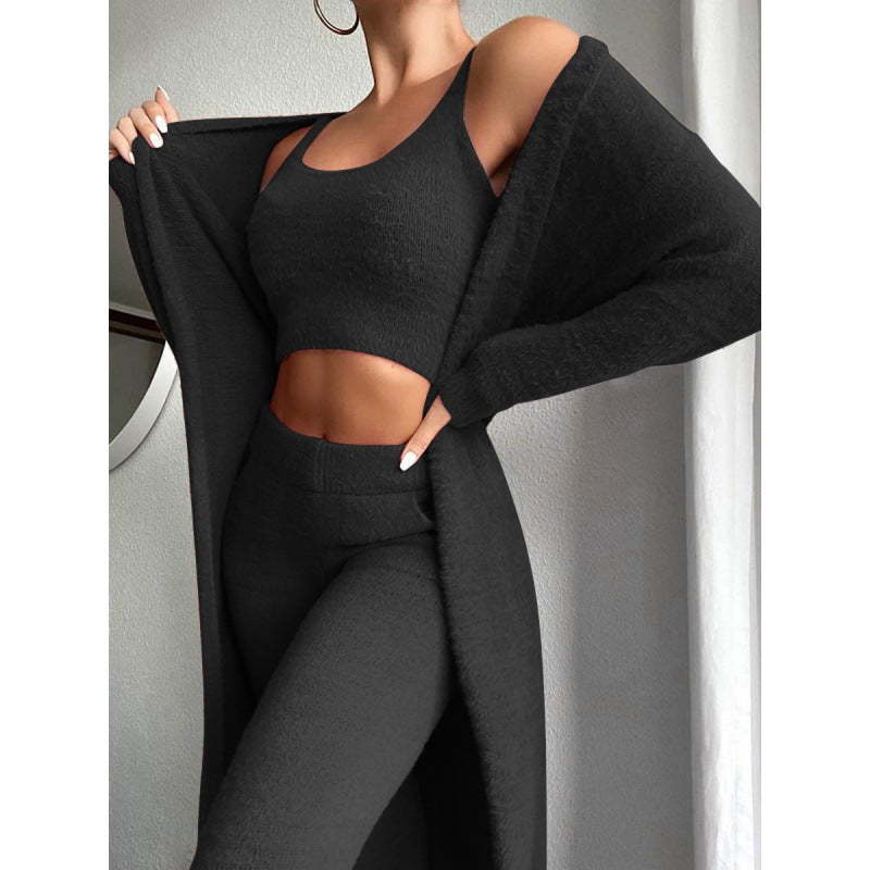 sexy V-neck plush short vest trousers three-piece set women's casual