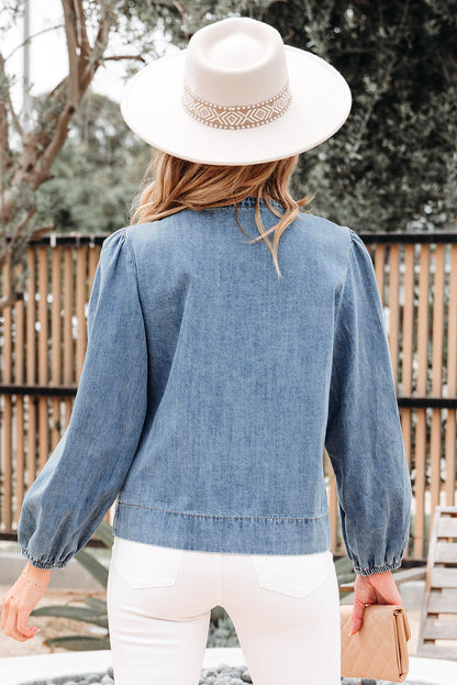 Oakley Tied Front Long Puff Sleeve Denim Top-1