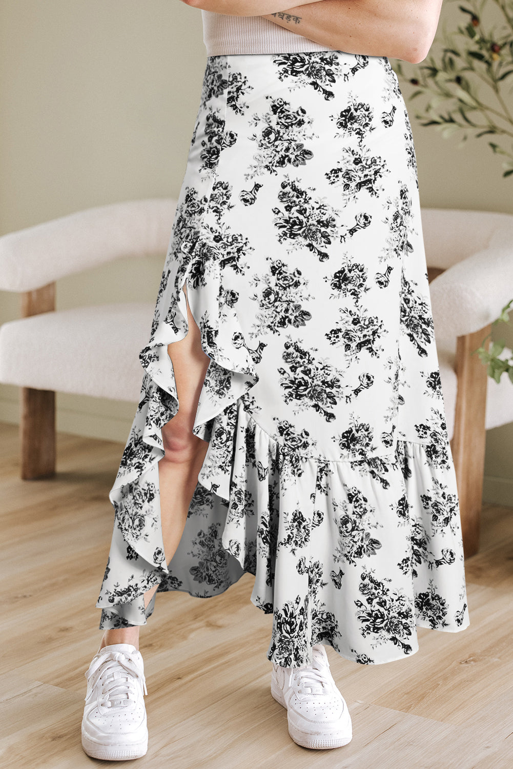 Salma Boho Floral High Waist Ruffle Split Maxi Skirt-5