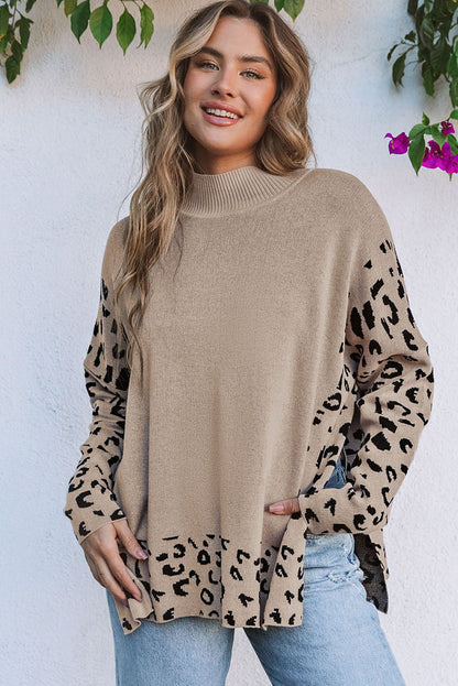 Sarai Leopard High Neck Side Slit Oversized Sweater-3
