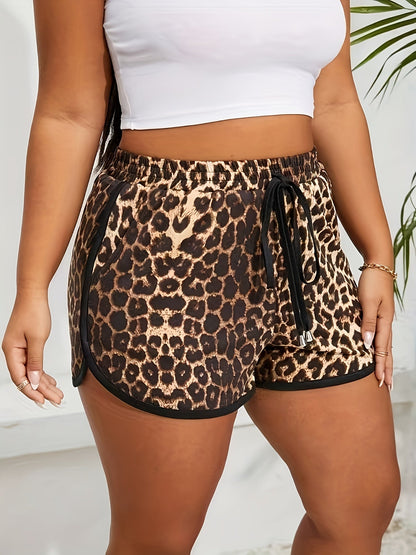 Women's Plus Size Leopard Print High-Waisted Shorts with Drawstring - Casual and Stretchy Polyester Blend for Spring/Summer Fashion