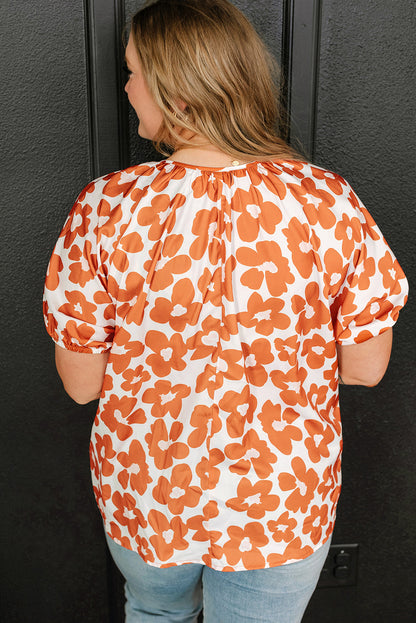 Sky Plus Size Floral Print Drawstring V Neck Short Sleeve Blouse-1