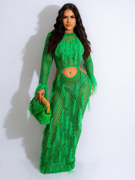 Sexy hand knitted beach skirt, hollow faux mink fringed long skirt