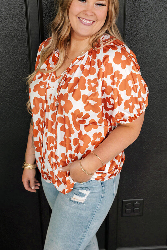 Sky Plus Size Floral Print Drawstring V Neck Short Sleeve Blouse-0