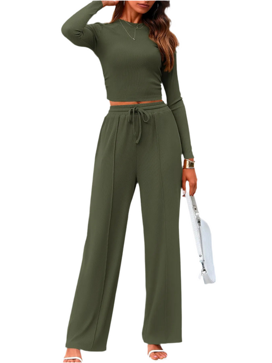 Round Neck Long Sleeve Top and Pants Set