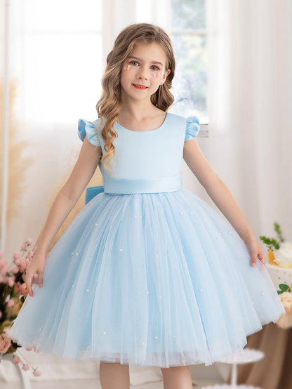 Young Girls' Butterfly Sleeve Mesh Dress With Princess Dress, Suitable For Birthday Party, Dance Party, Casual Wear, Instrumental Concert, Stage Performance