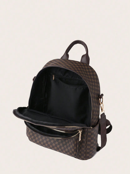 Women's Retro Pu Plaid Backpack, Fashionable And Versatile, Embroidered Travel Shoulder Bag For Students