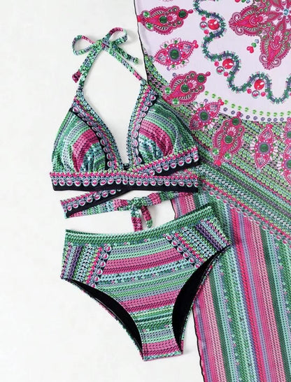 Women's Split Cross Strap Retro Ethnic Style Swimsuit