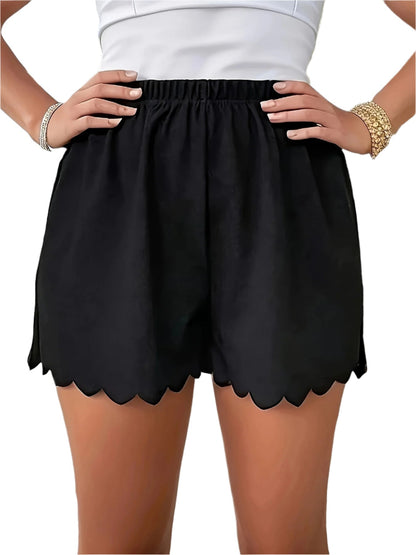 Plus Size Scallop Trim Shorts, Casual Elastic Waist Shorts For Women