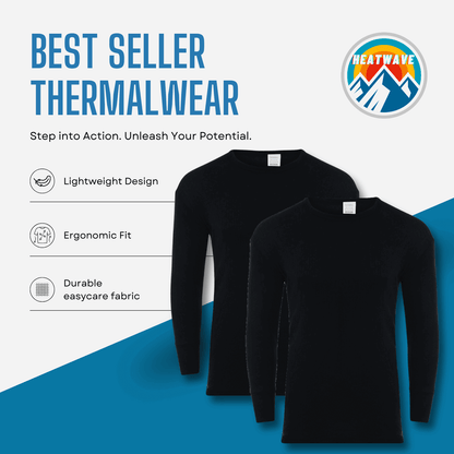 2 Pack Mens Thermal Underwear Set T Shirt Tops and Long John Bottoms Warm Baselayer Insulated Brushed Yarn for Winter Outdoor Sports in Small to XXL White Black Grey Navy by Heatwave Thermalwear